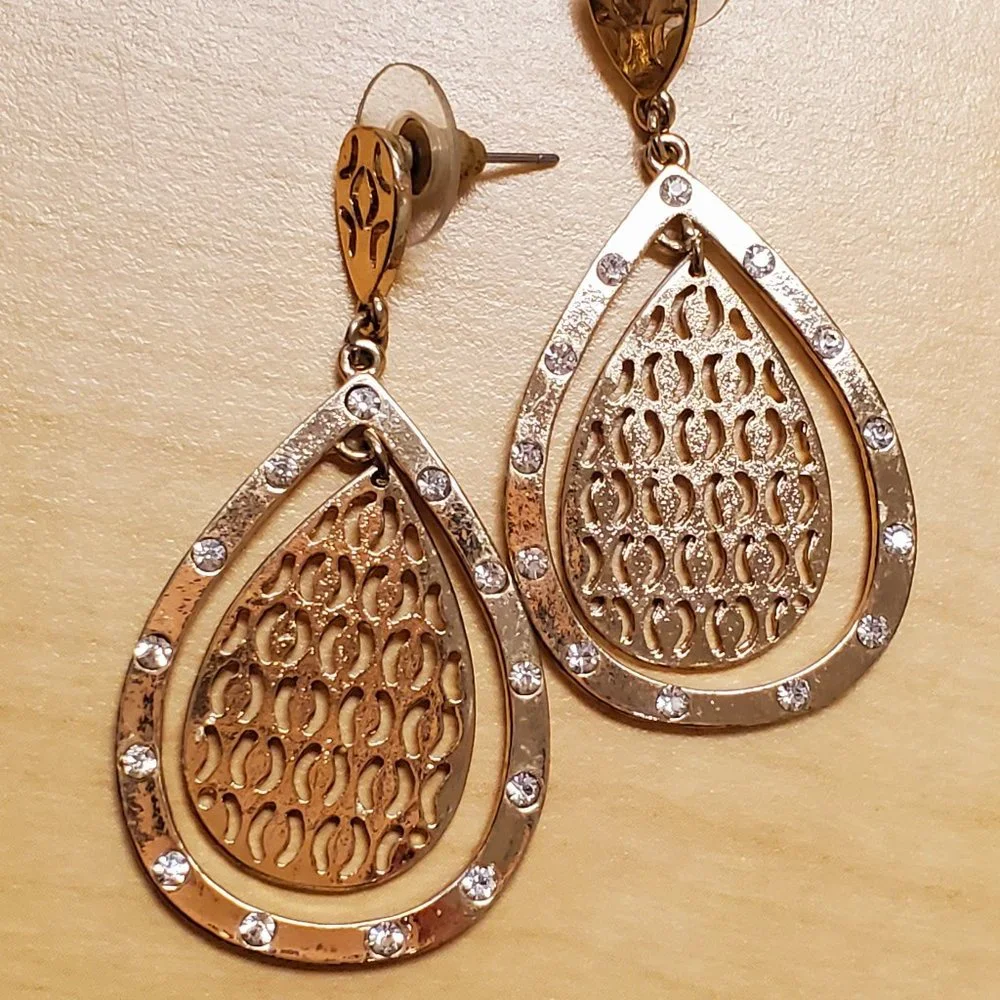 Beautiful Gold Teardrop Pierced Dangle Earrings with Rhinestone Accent